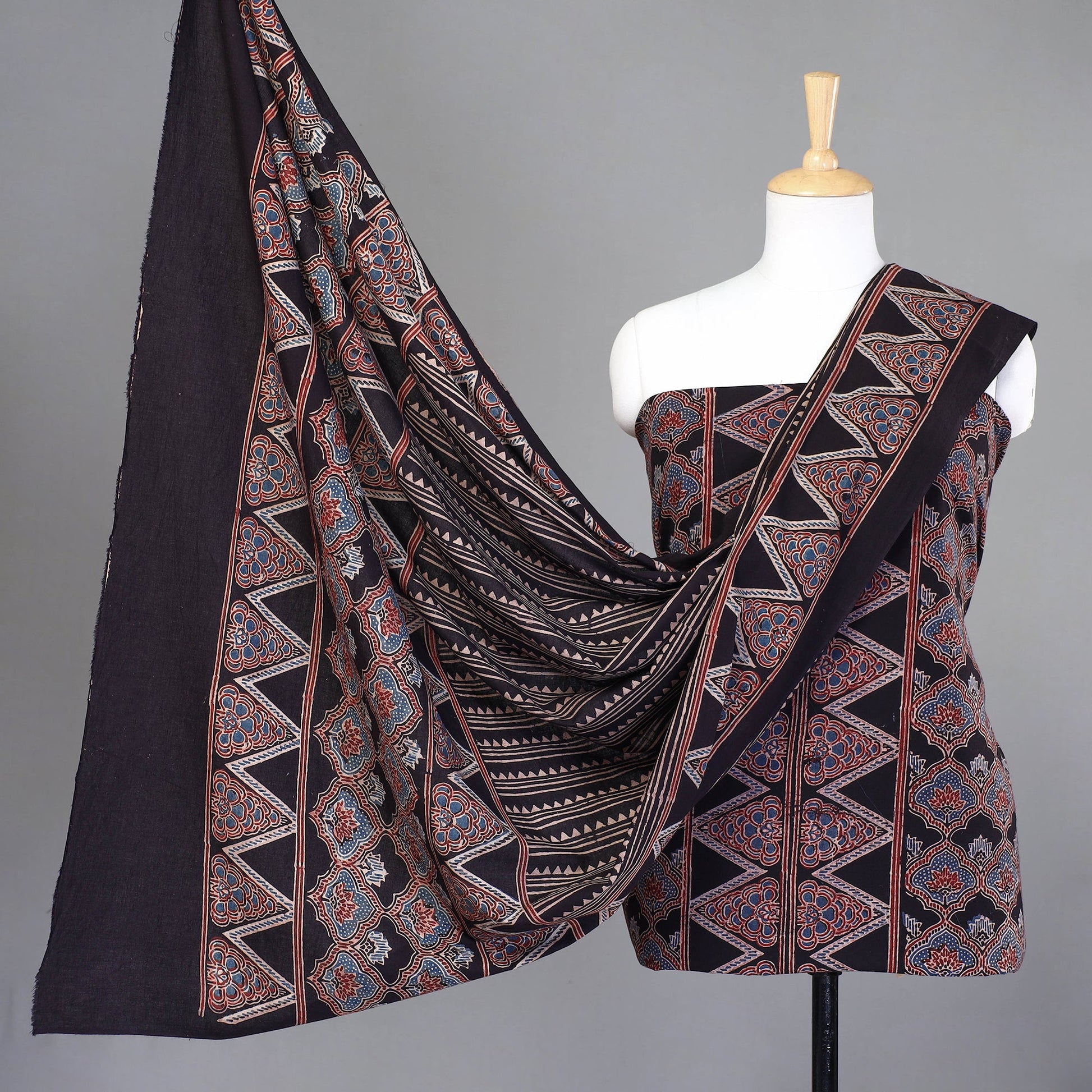 Black - 3pc Ajrakh Hand Block Printed Cotton Suit Material Set
