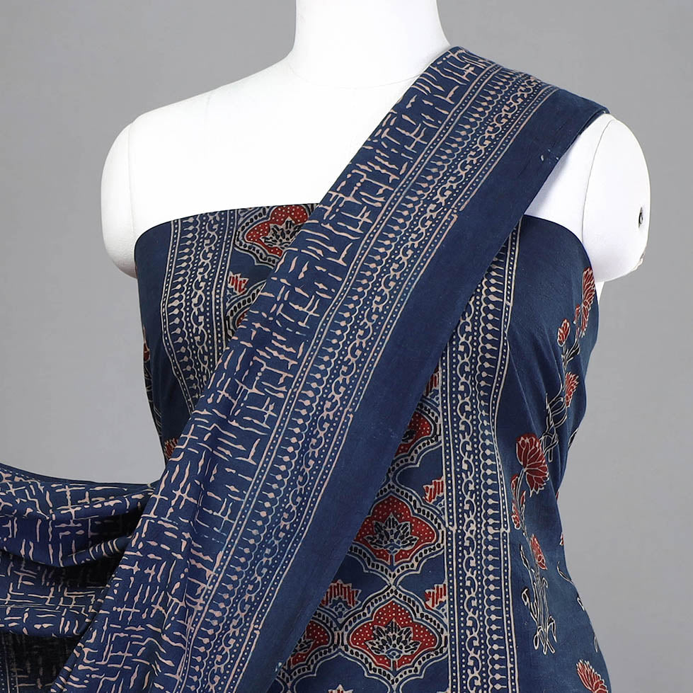Blue - 3pc Ajrakh Hand Block Printed Cotton Suit Material Set