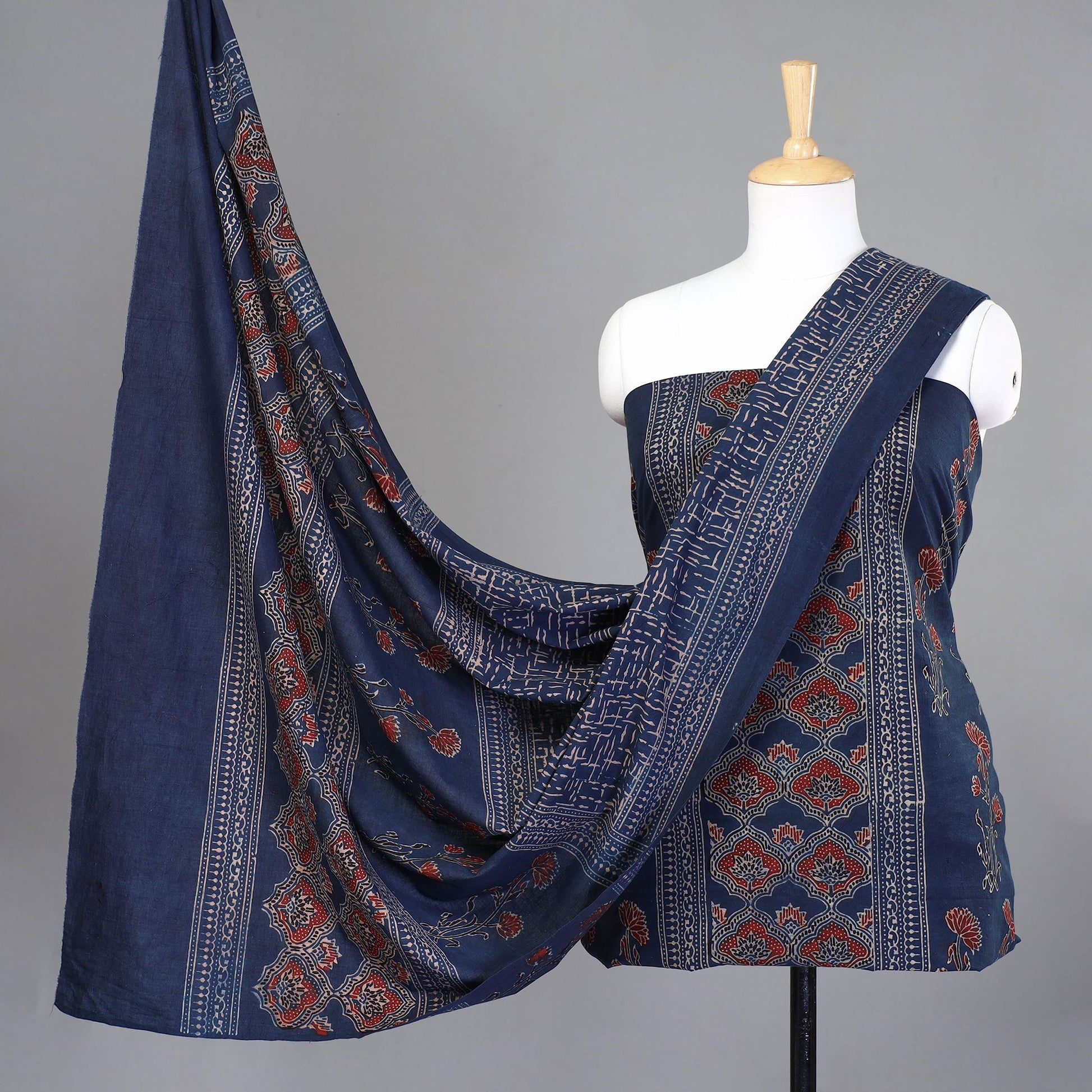 Blue - 3pc Ajrakh Hand Block Printed Cotton Suit Material Set