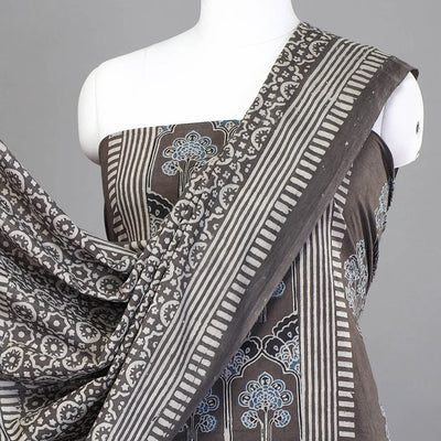 Brown - 3pc Ajrakh Hand Block Printed Cotton Suit Material Set