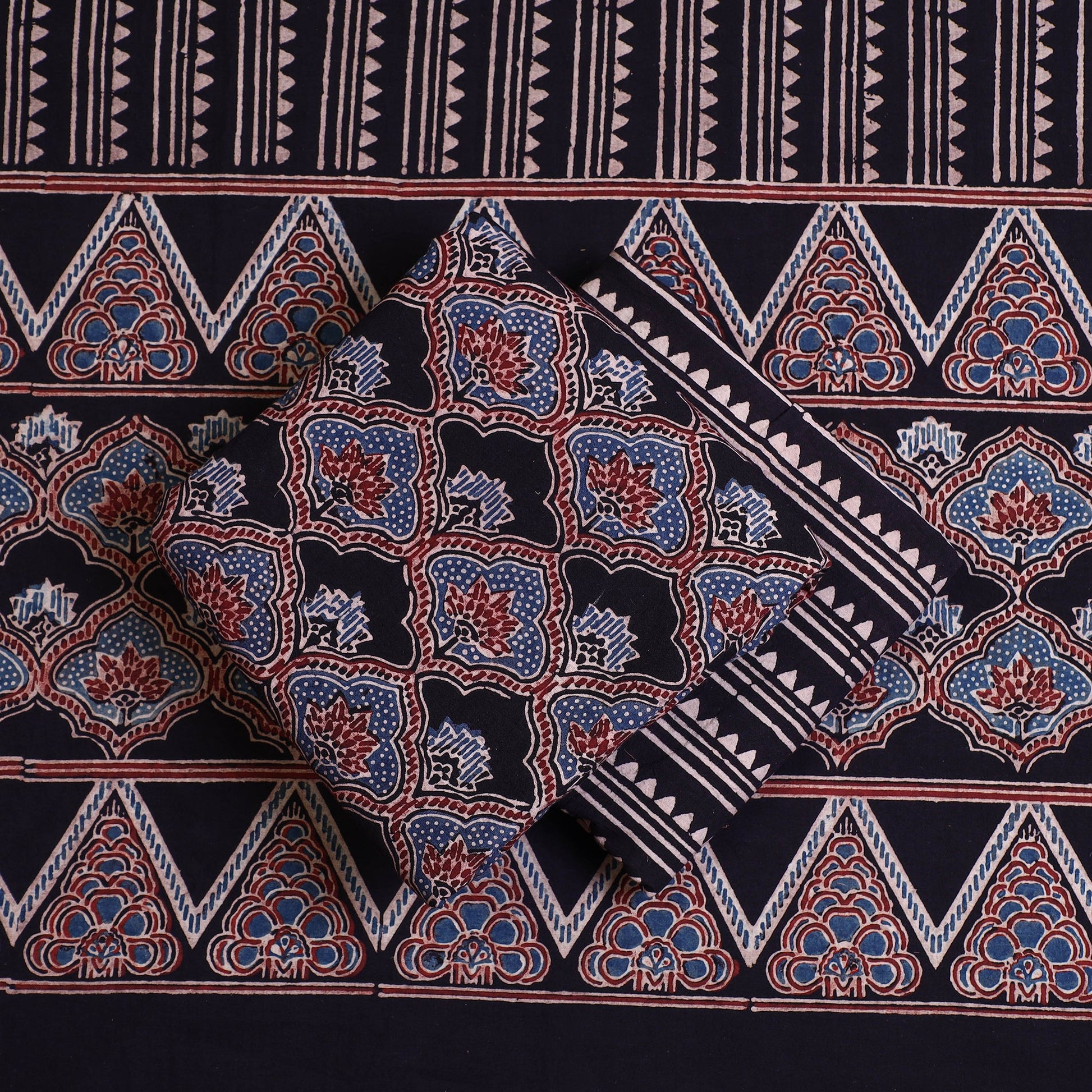 Black - 3pc Ajrakh Hand Block Printed Cotton Suit Material Set