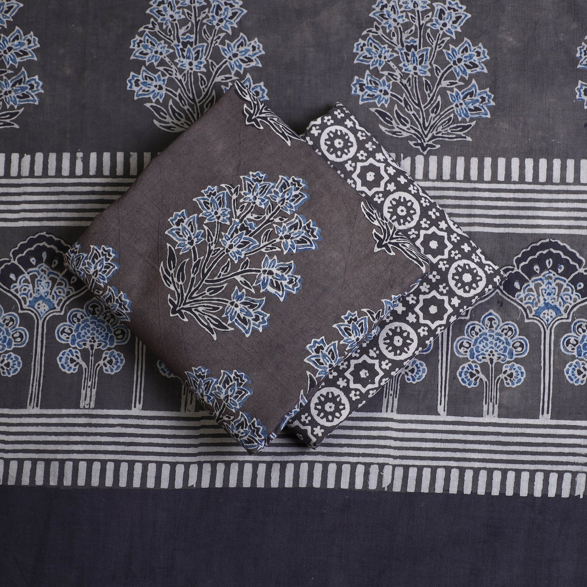 Brown - 3pc Ajrakh Hand Block Printed Cotton Suit Material Set