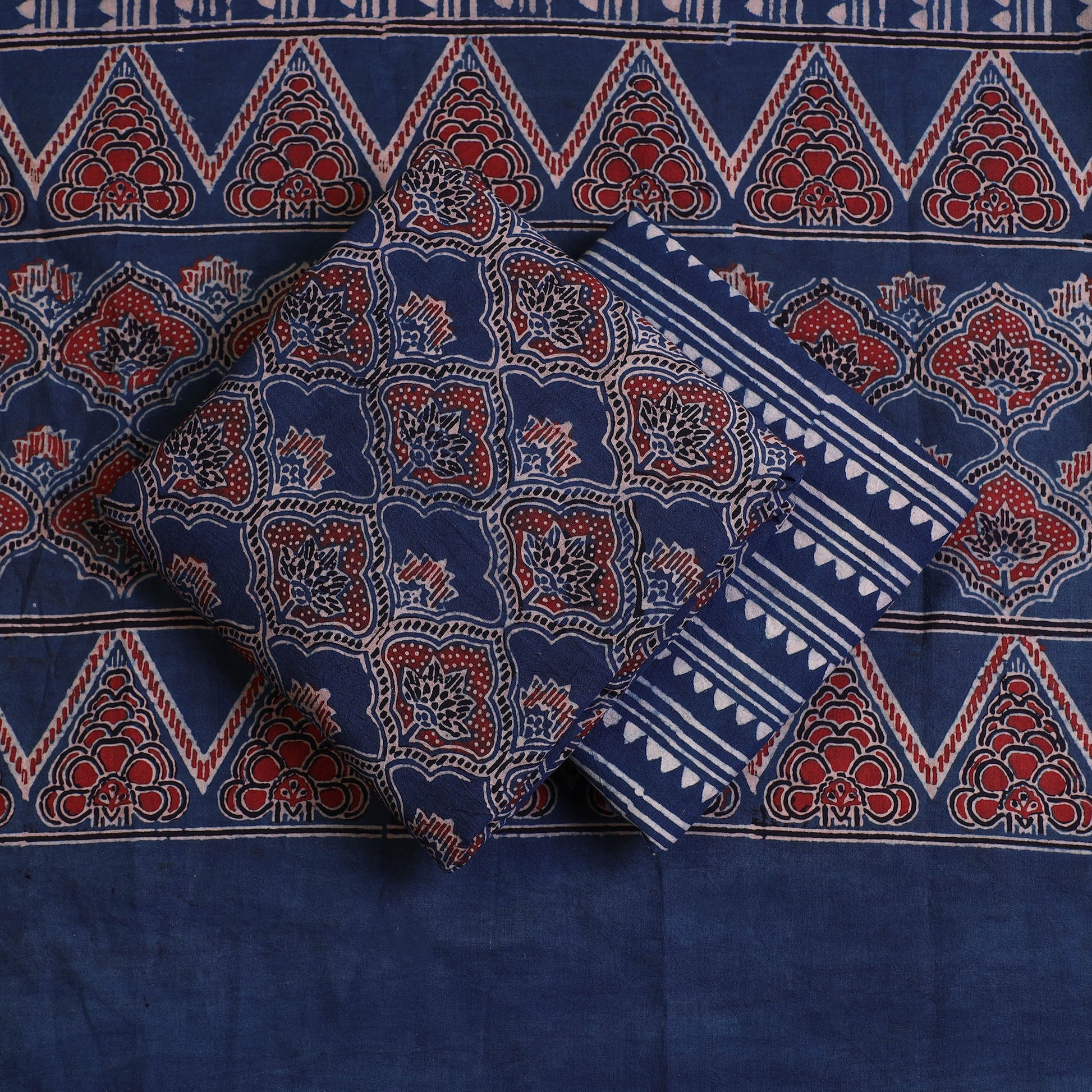 Blue - 3pc Ajrakh Hand Block Printed Cotton Suit Material Set