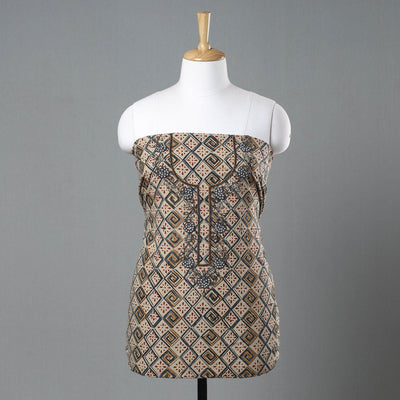 Beige - Kalamkari Block Printed Kundan & Bead Work Hand Embroidery Cotton Kurta Material - 2.5 Meter