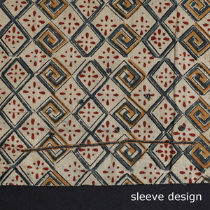 Beige - Kalamkari Block Printed Kundan & Bead Work Hand Embroidery Cotton Kurta Material - 2.5 Meter