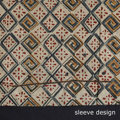 Beige - Kalamkari Block Printed Kundan & Bead Work Hand Embroidery Cotton Kurta Material - 2.5 Meter