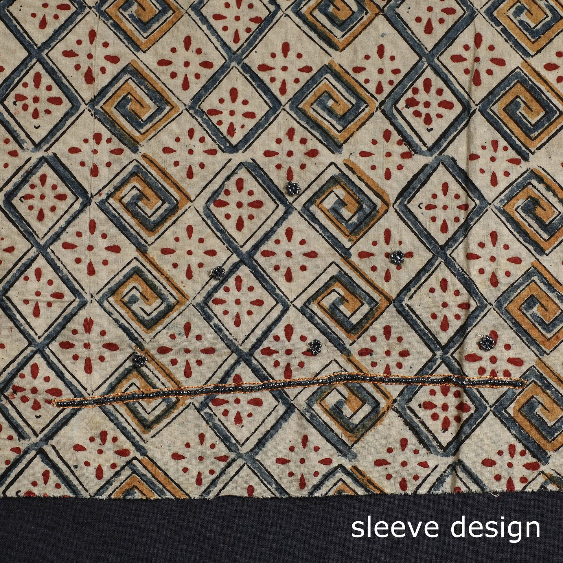Beige - Kalamkari Block Printed Kundan & Bead Work Hand Embroidery Cotton Kurta Material - 2.5 Meter