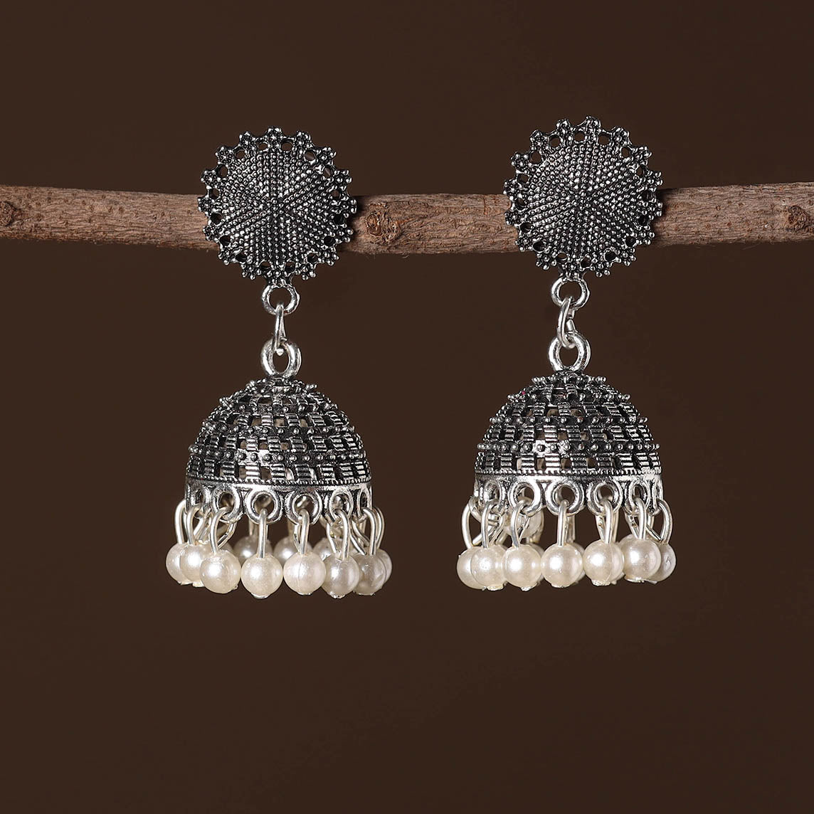 Aarohi German Silver Beaded Jhumki Earrings
