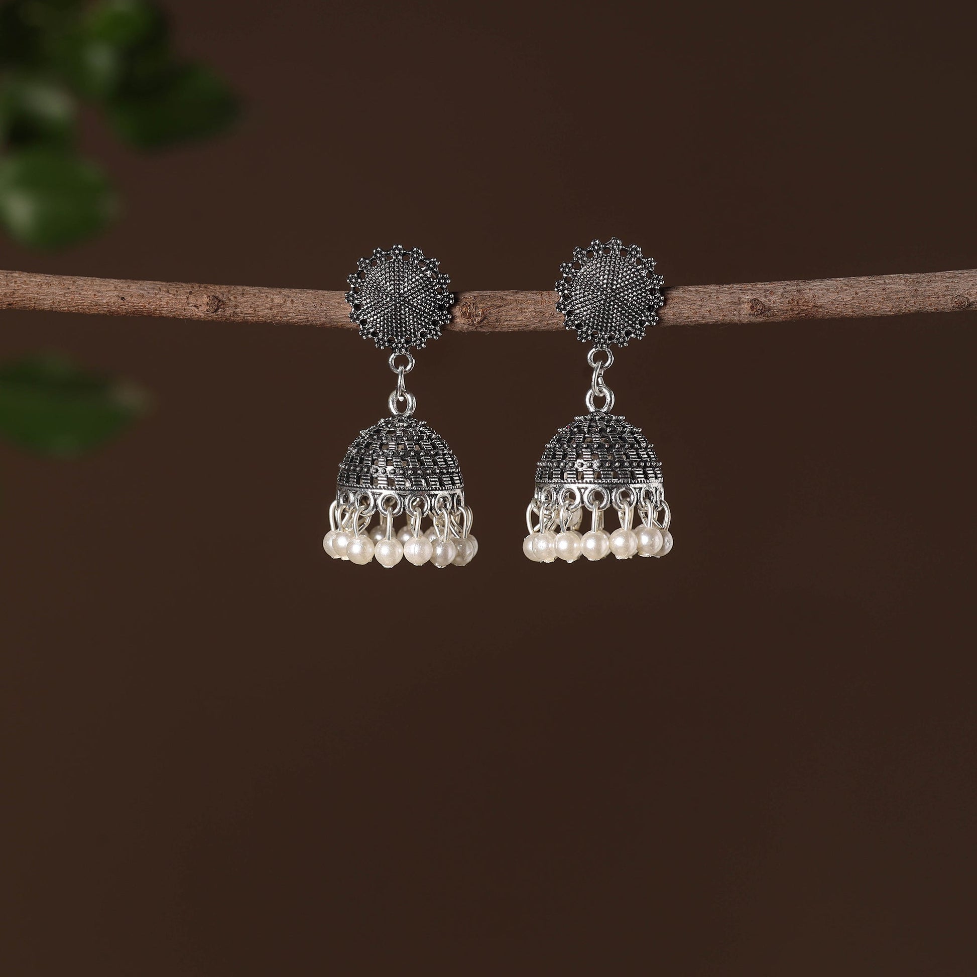 Aarohi German Silver Beaded Jhumki Earrings