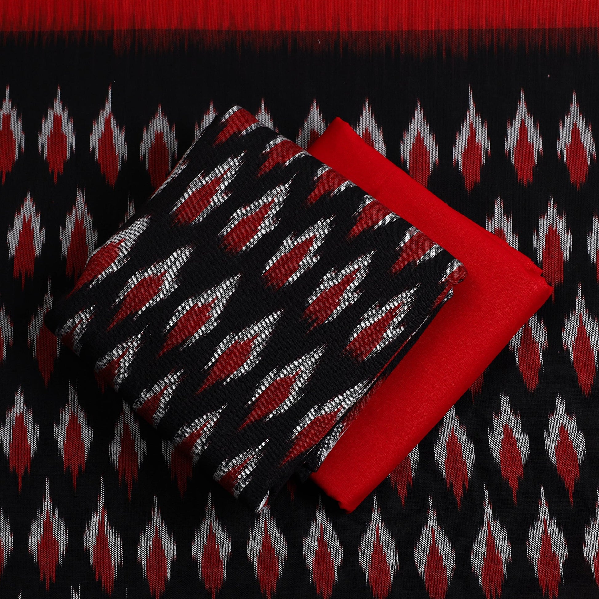 Black - 3pc Cotton Handloom Pochampally Ikat Dress Material 12