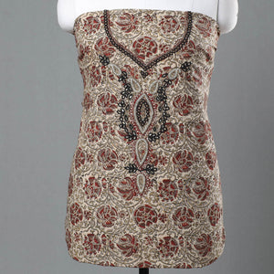 Beige - Kalamkari Block Printed Kundan & Bead Work Hand Embroidery Cotton Kurta Material - 2.6 Meter