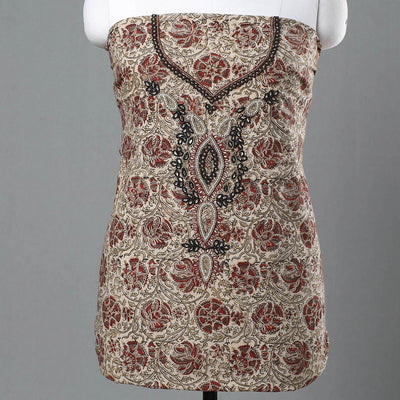 Beige - Kalamkari Block Printed Kundan & Bead Work Hand Embroidery Cotton Kurta Material - 2.6 Meter