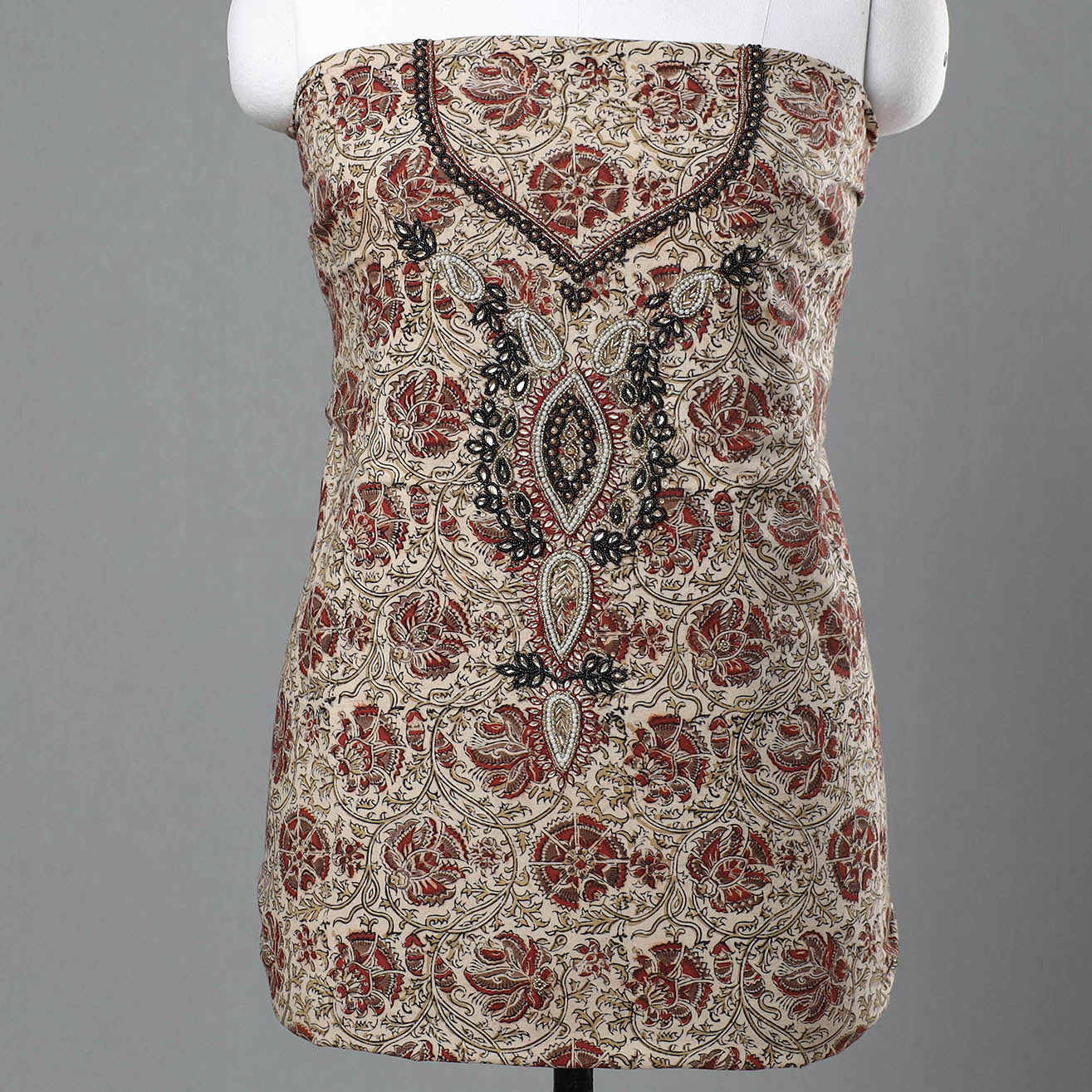 Beige - Kalamkari Block Printed Kundan & Bead Work Hand Embroidery Cotton Kurta Material - 2.6 Meter