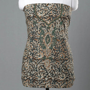 Brown - Kalamkari Block Printed Kundan & Bead Work Hand Embroidery Cotton Kurta Material - 2.55 Meter