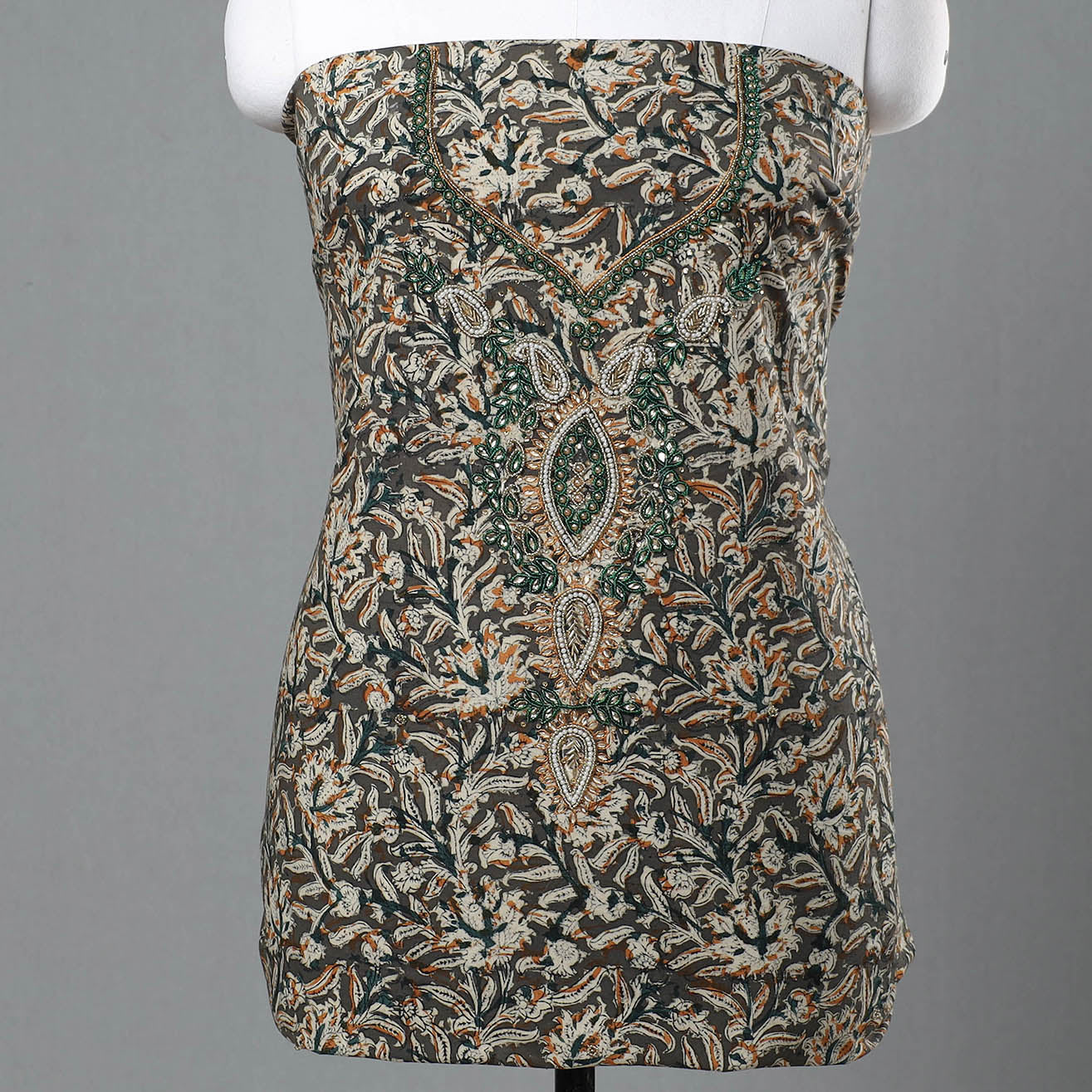 Brown - Kalamkari Block Printed Kundan & Bead Work Hand Embroidery Cotton Kurta Material - 2.55 Meter