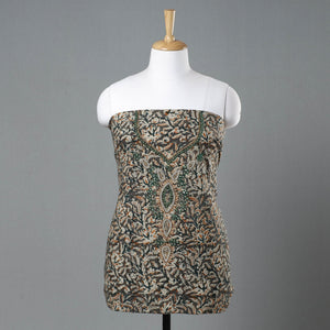 Brown - Kalamkari Block Printed Kundan & Bead Work Hand Embroidery Cotton Kurta Material - 2.55 Meter