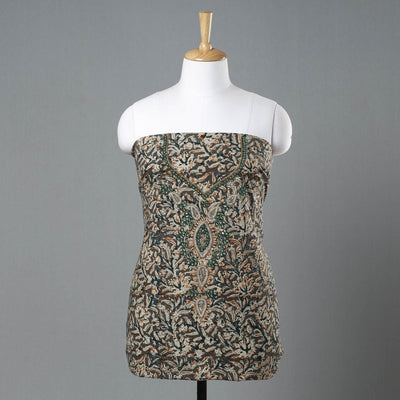 Brown - Kalamkari Block Printed Kundan & Bead Work Hand Embroidery Cotton Kurta Material - 2.55 Meter