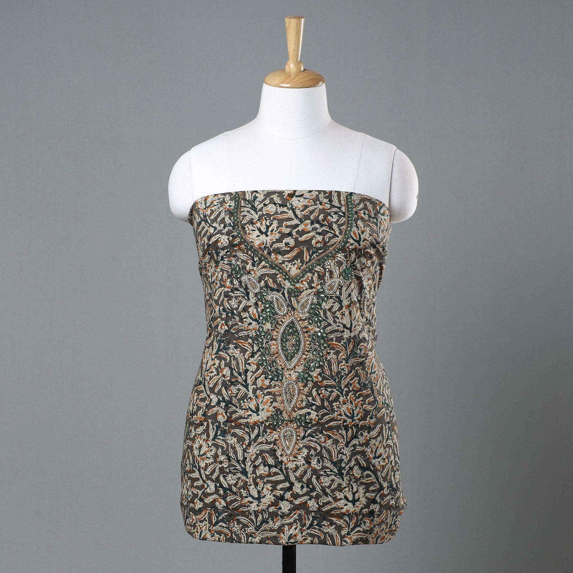 Brown - Kalamkari Block Printed Kundan & Bead Work Hand Embroidery Cotton Kurta Material - 2.55 Meter