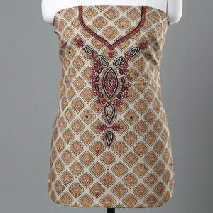 Beige - Kalamkari Block Printed Kundan & Bead Work Hand Embroidery Cotton Kurta Material - 2.6 Meter