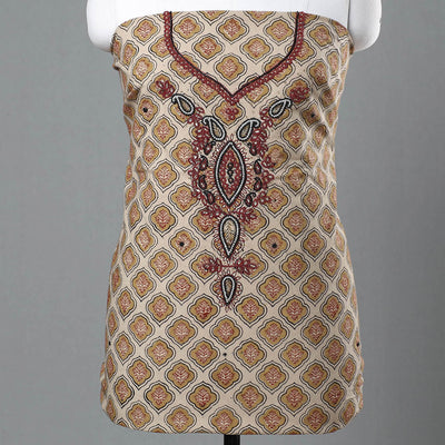 Beige - Kalamkari Block Printed Kundan & Bead Work Hand Embroidery Cotton Kurta Material - 2.6 Meter