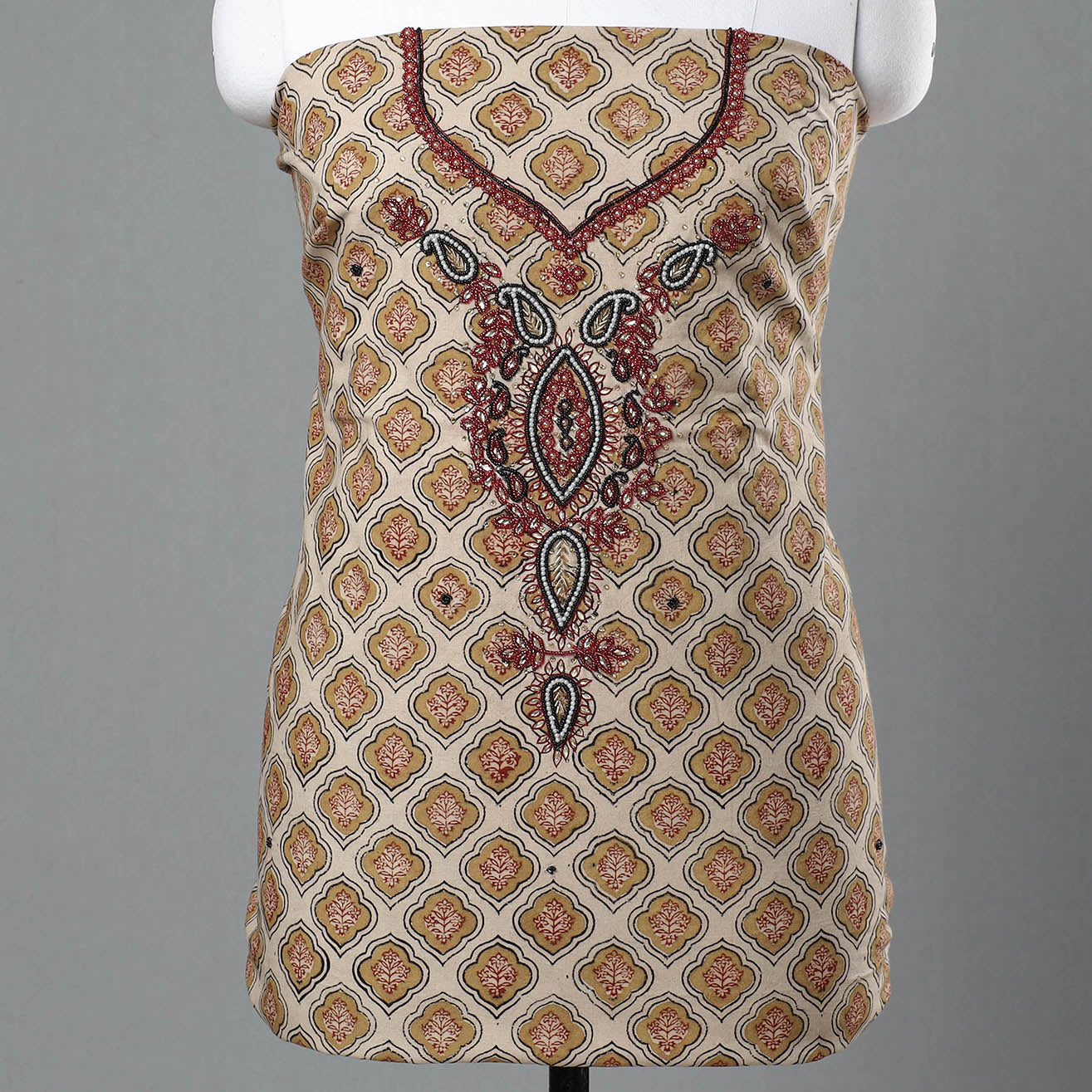 Beige - Kalamkari Block Printed Kundan & Bead Work Hand Embroidery Cotton Kurta Material - 2.6 Meter