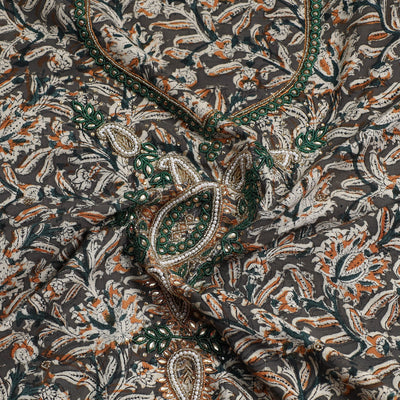 Brown - Kalamkari Block Printed Kundan & Bead Work Hand Embroidery Cotton Kurta Material - 2.55 Meter