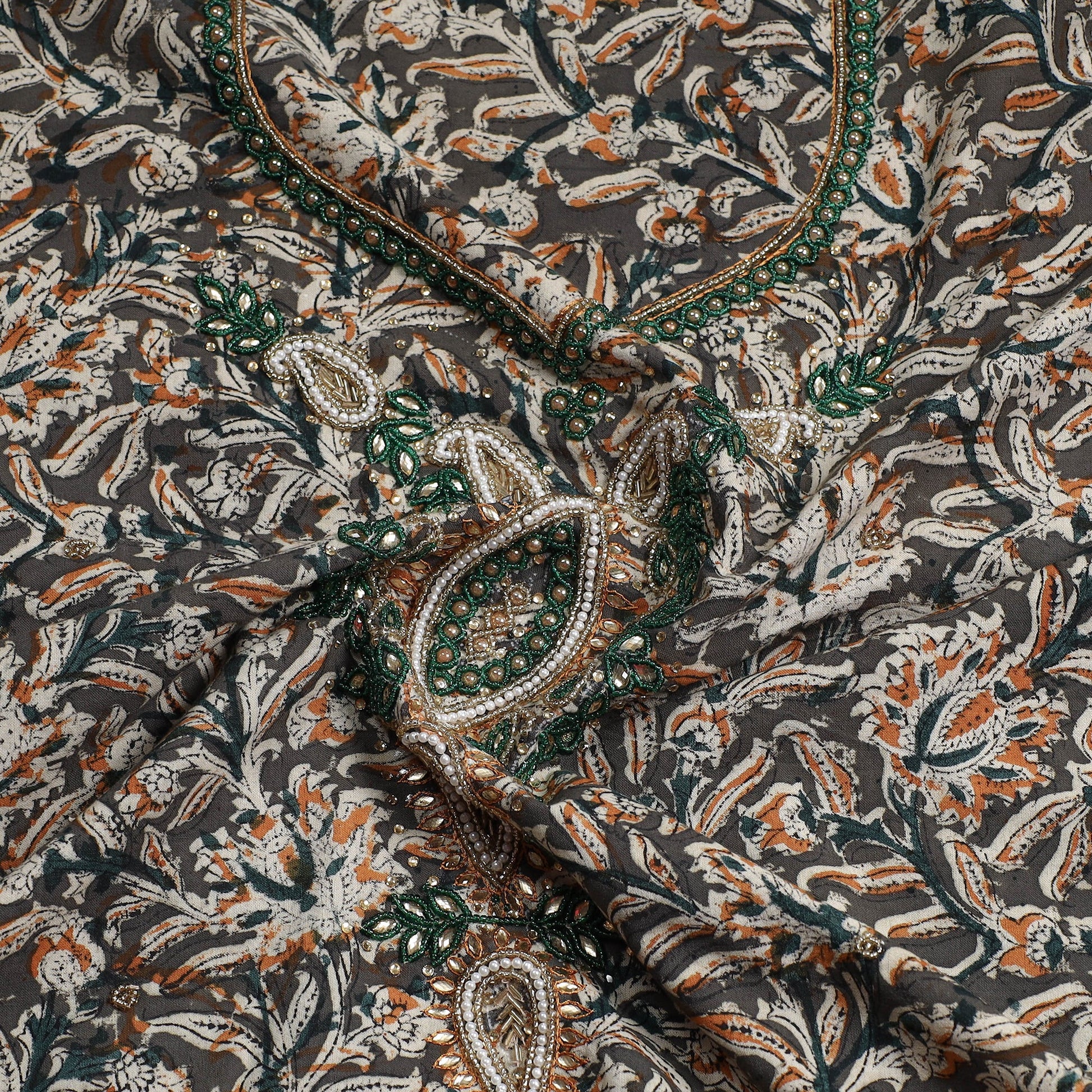 Brown - Kalamkari Block Printed Kundan & Bead Work Hand Embroidery Cotton Kurta Material - 2.55 Meter