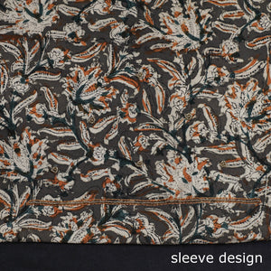 Brown - Kalamkari Block Printed Kundan & Bead Work Hand Embroidery Cotton Kurta Material - 2.55 Meter