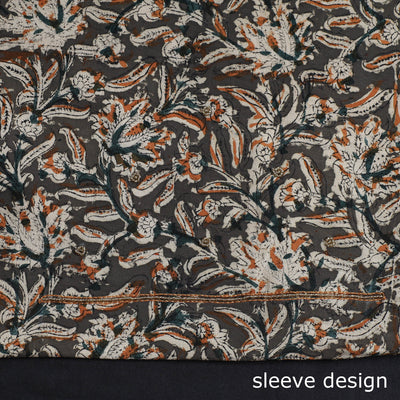 Brown - Kalamkari Block Printed Kundan & Bead Work Hand Embroidery Cotton Kurta Material - 2.55 Meter