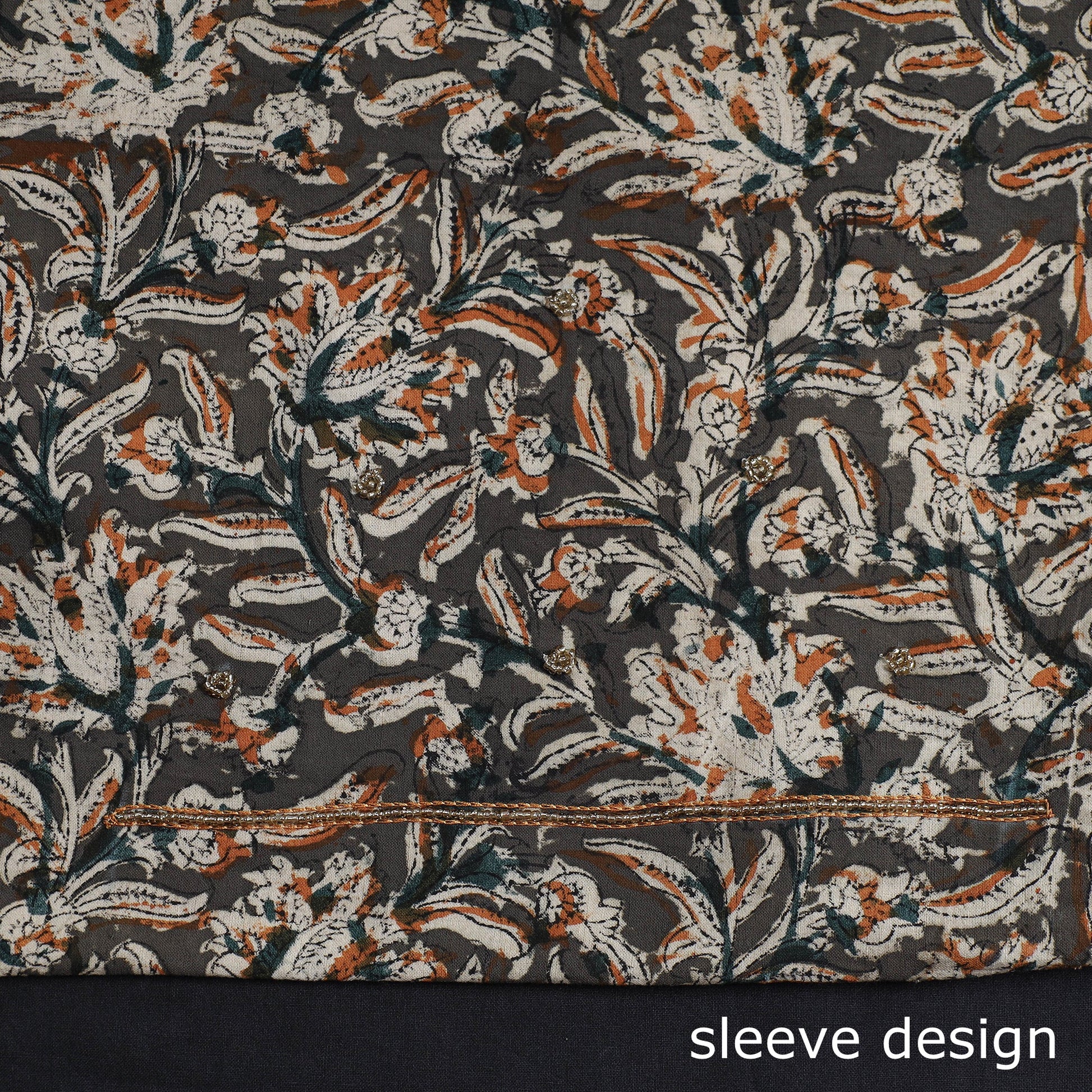 Brown - Kalamkari Block Printed Kundan & Bead Work Hand Embroidery Cotton Kurta Material - 2.55 Meter