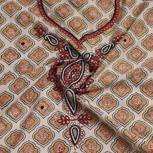 Beige - Kalamkari Block Printed Kundan & Bead Work Hand Embroidery Cotton Kurta Material - 2.6 Meter