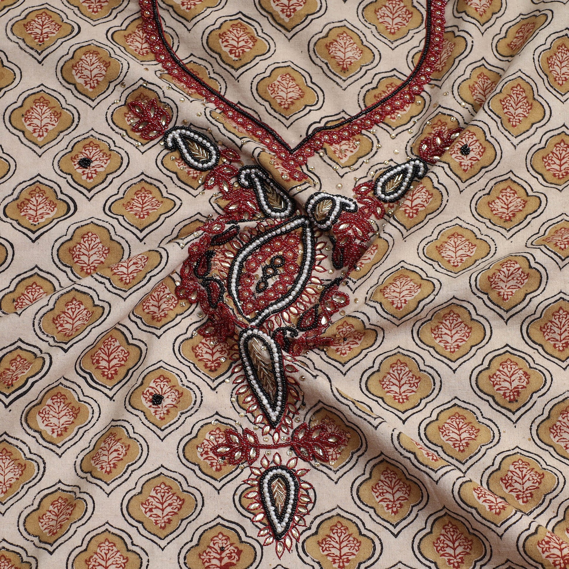 Beige - Kalamkari Block Printed Kundan & Bead Work Hand Embroidery Cotton Kurta Material - 2.6 Meter