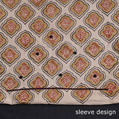 Beige - Kalamkari Block Printed Kundan & Bead Work Hand Embroidery Cotton Kurta Material - 2.6 Meter