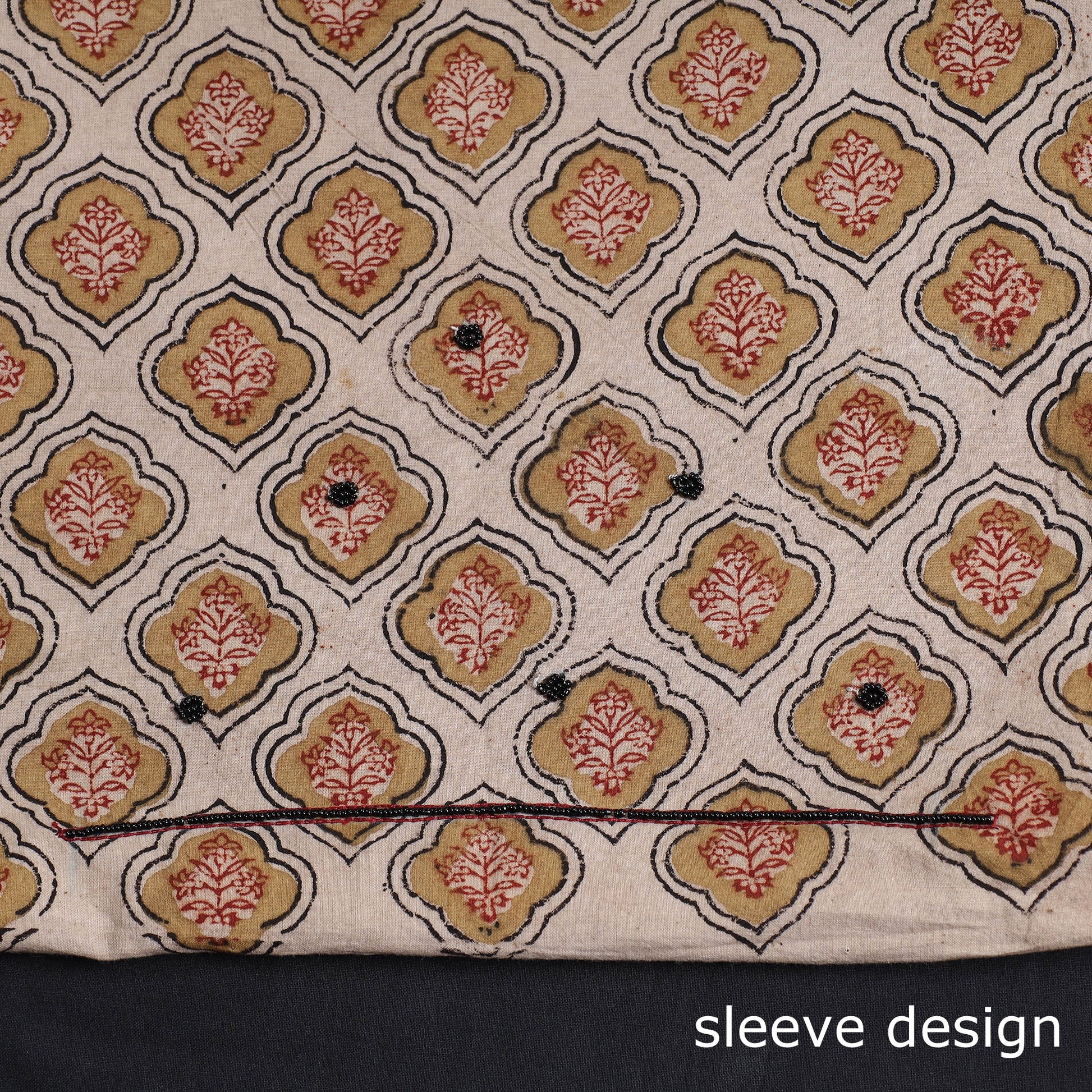 Beige - Kalamkari Block Printed Kundan & Bead Work Hand Embroidery Cotton Kurta Material - 2.6 Meter