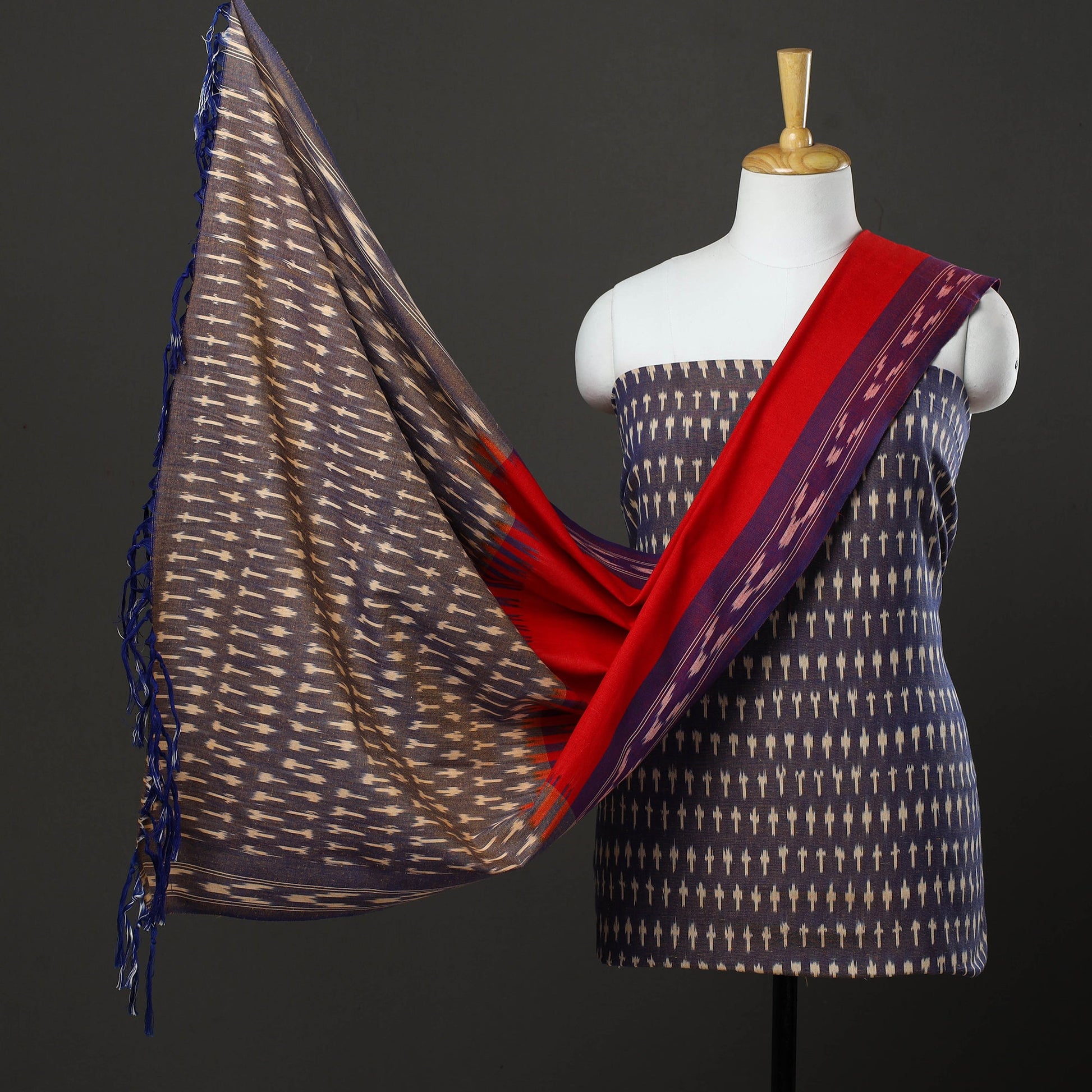 Blue - 3pc Cotton Handloom Pochampally Ikat Dress Material 25