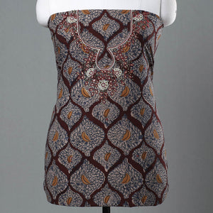 Brown - Kalamkari Block Printed Kundan & Bead Work Hand Embroidery Cotton Kurta Material - 2.6 Meter