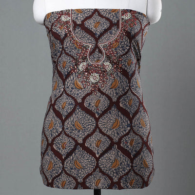 Brown - Kalamkari Block Printed Kundan & Bead Work Hand Embroidery Cotton Kurta Material - 2.6 Meter