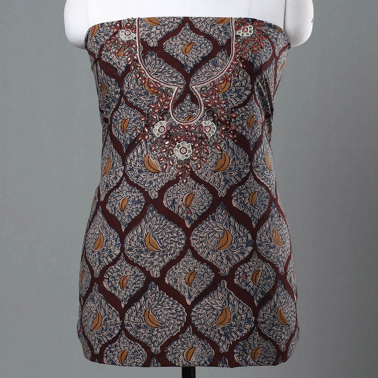 Brown - Kalamkari Block Printed Kundan & Bead Work Hand Embroidery Cotton Kurta Material - 2.6 Meter