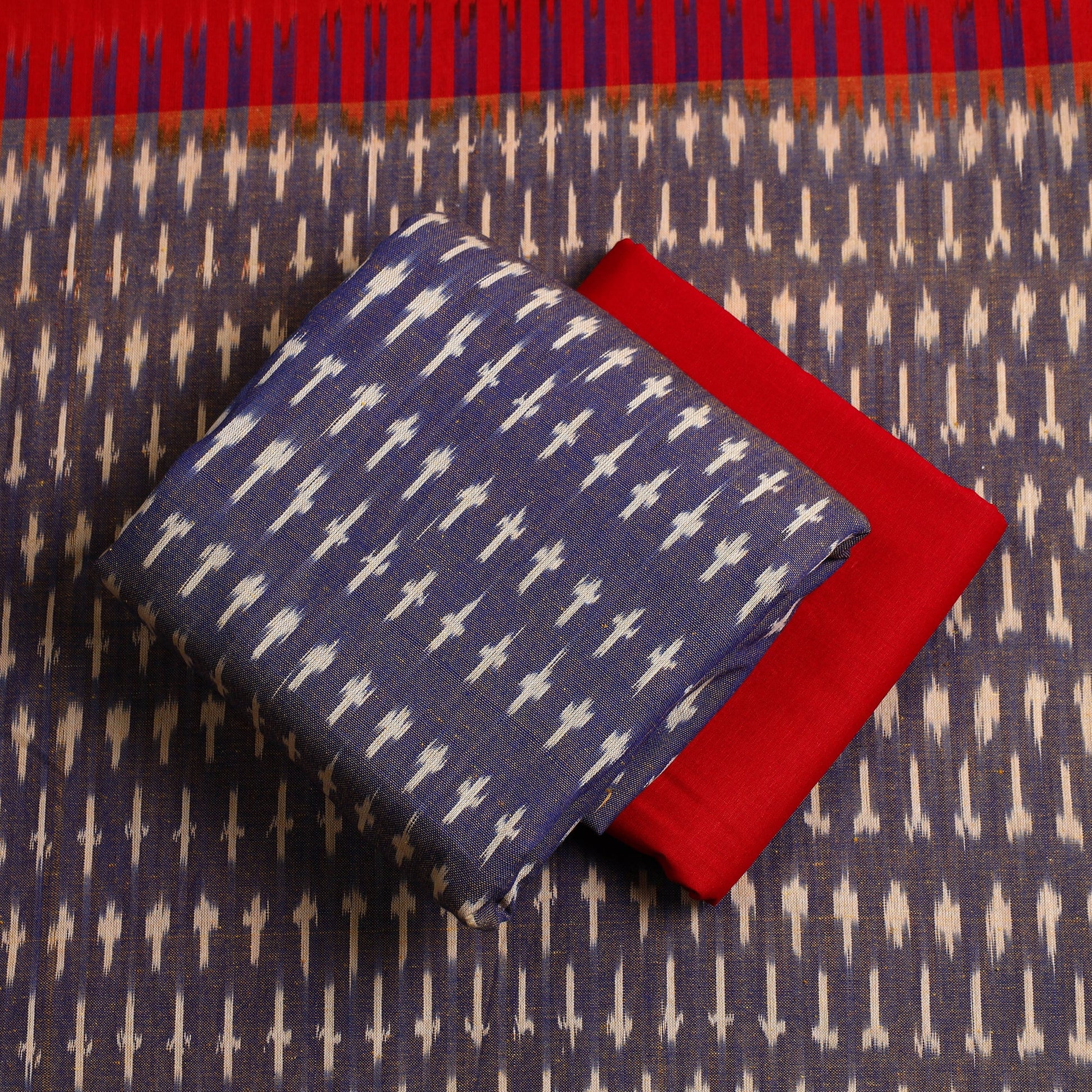Blue - 3pc Cotton Handloom Pochampally Ikat Dress Material 25