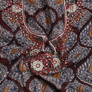 Brown - Kalamkari Block Printed Kundan & Bead Work Hand Embroidery Cotton Kurta Material - 2.6 Meter