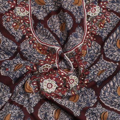 Brown - Kalamkari Block Printed Kundan & Bead Work Hand Embroidery Cotton Kurta Material - 2.6 Meter