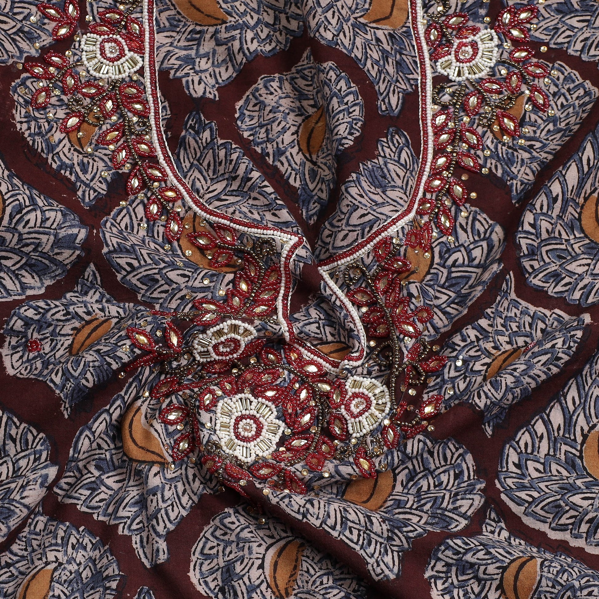 Brown - Kalamkari Block Printed Kundan & Bead Work Hand Embroidery Cotton Kurta Material - 2.6 Meter