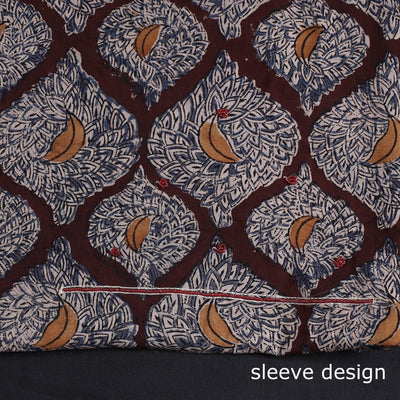 Brown - Kalamkari Block Printed Kundan & Bead Work Hand Embroidery Cotton Kurta Material - 2.6 Meter