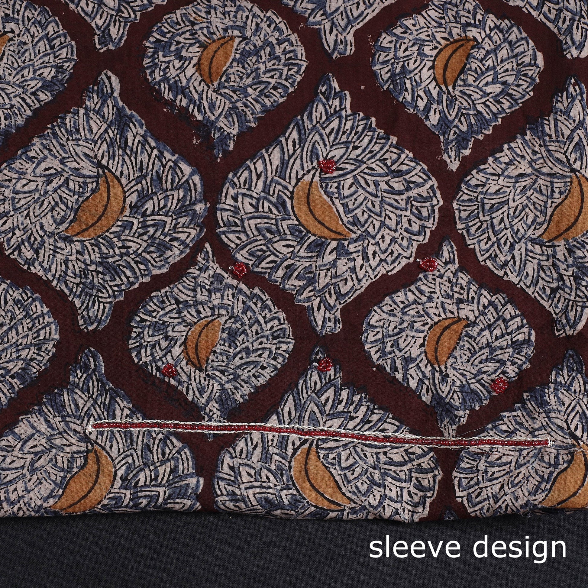 Brown - Kalamkari Block Printed Kundan & Bead Work Hand Embroidery Cotton Kurta Material - 2.6 Meter