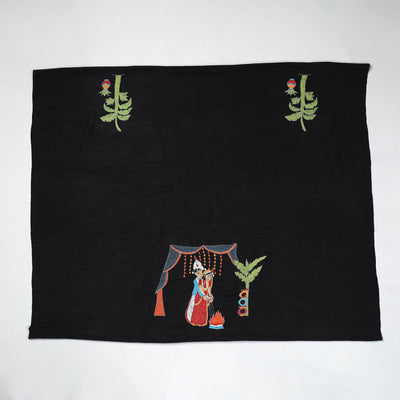 Black - Bengal Kantha Embroidery Raw Silk Blouse Piece