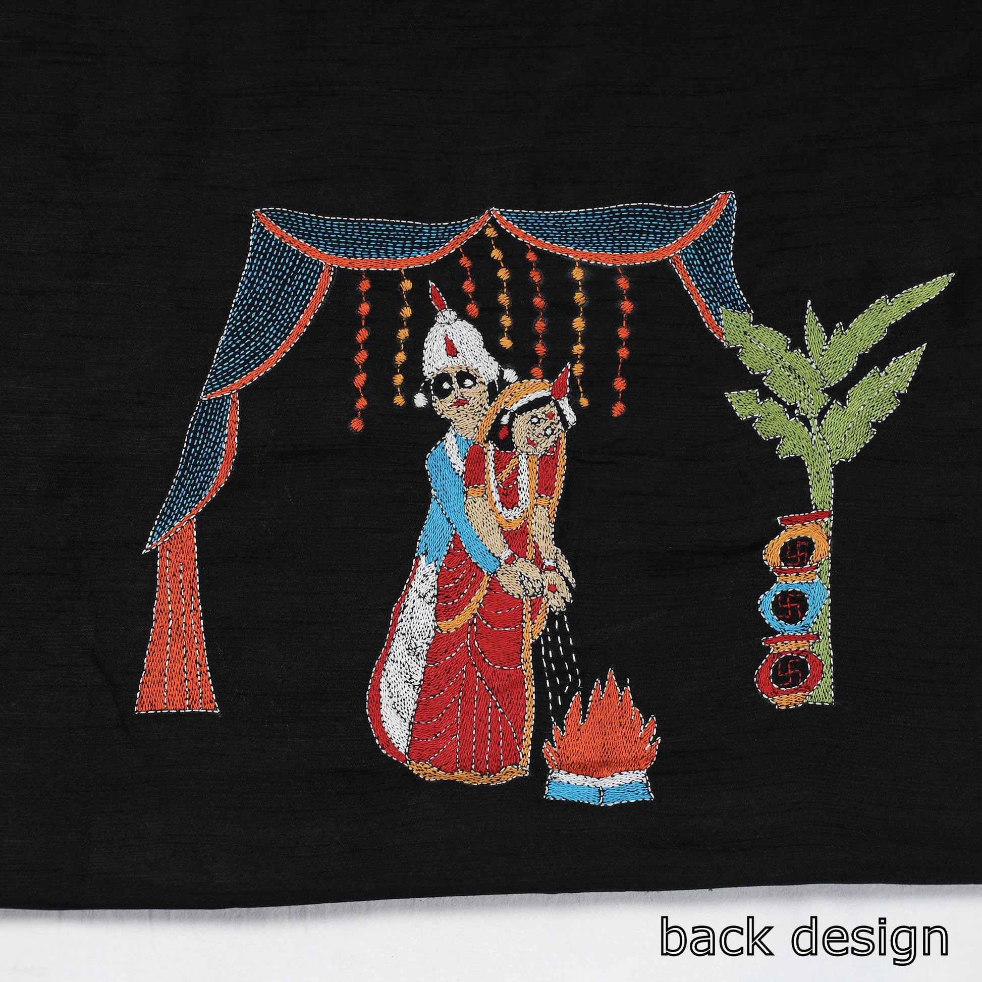 Black - Bengal Kantha Embroidery Raw Silk Blouse Piece