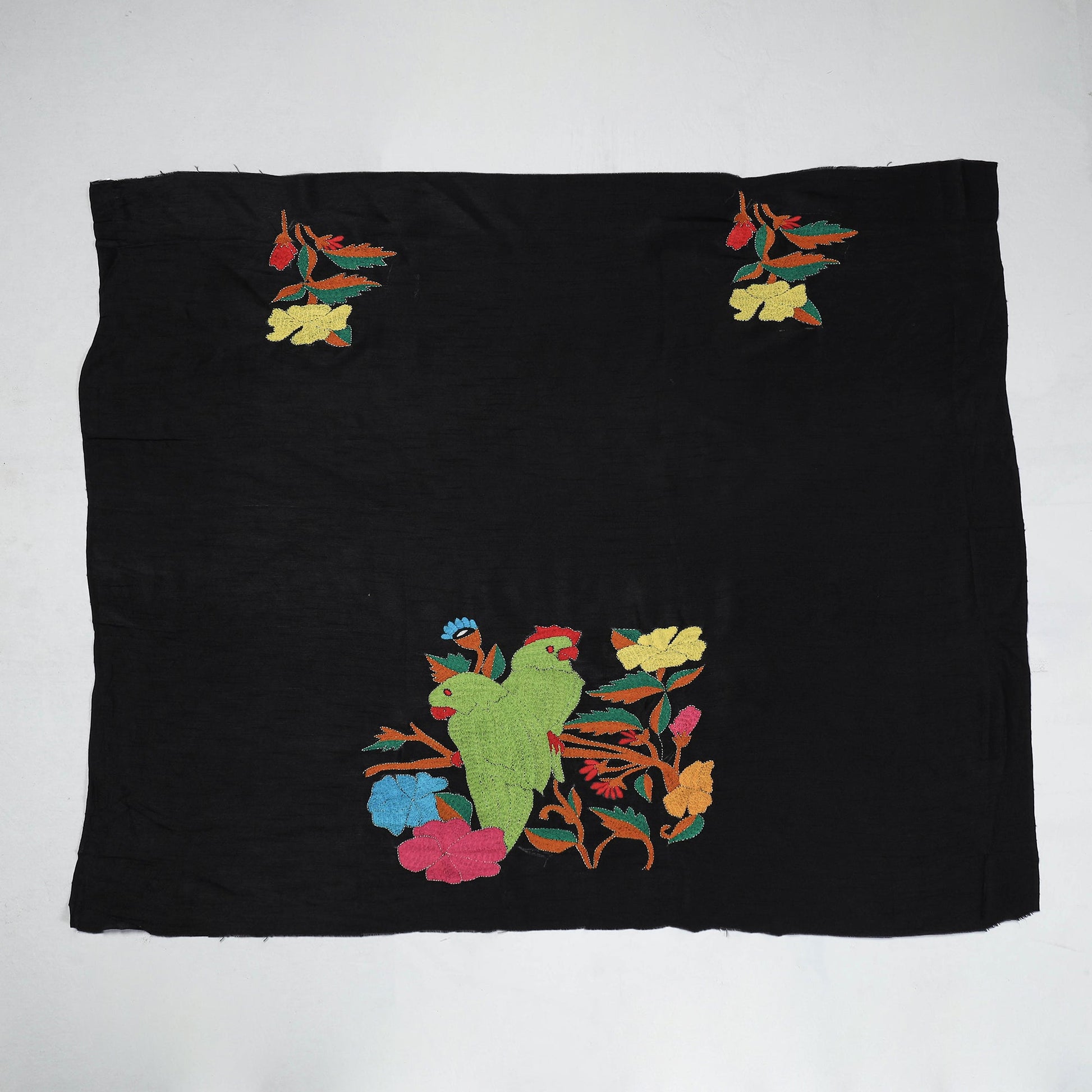 Black - Bengal Kantha Embroidery Raw Silk Blouse Piece