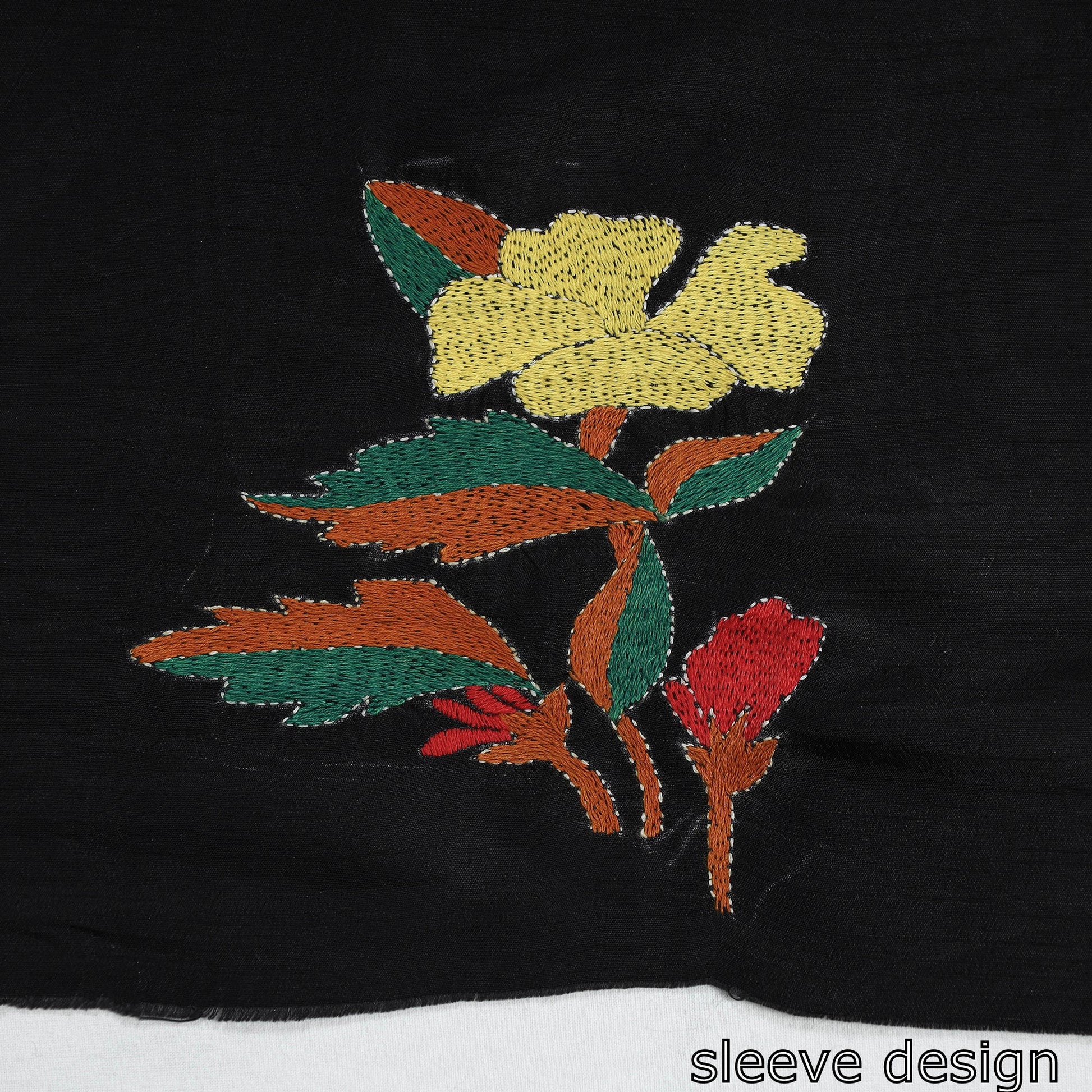 Black - Bengal Kantha Embroidery Raw Silk Blouse Piece