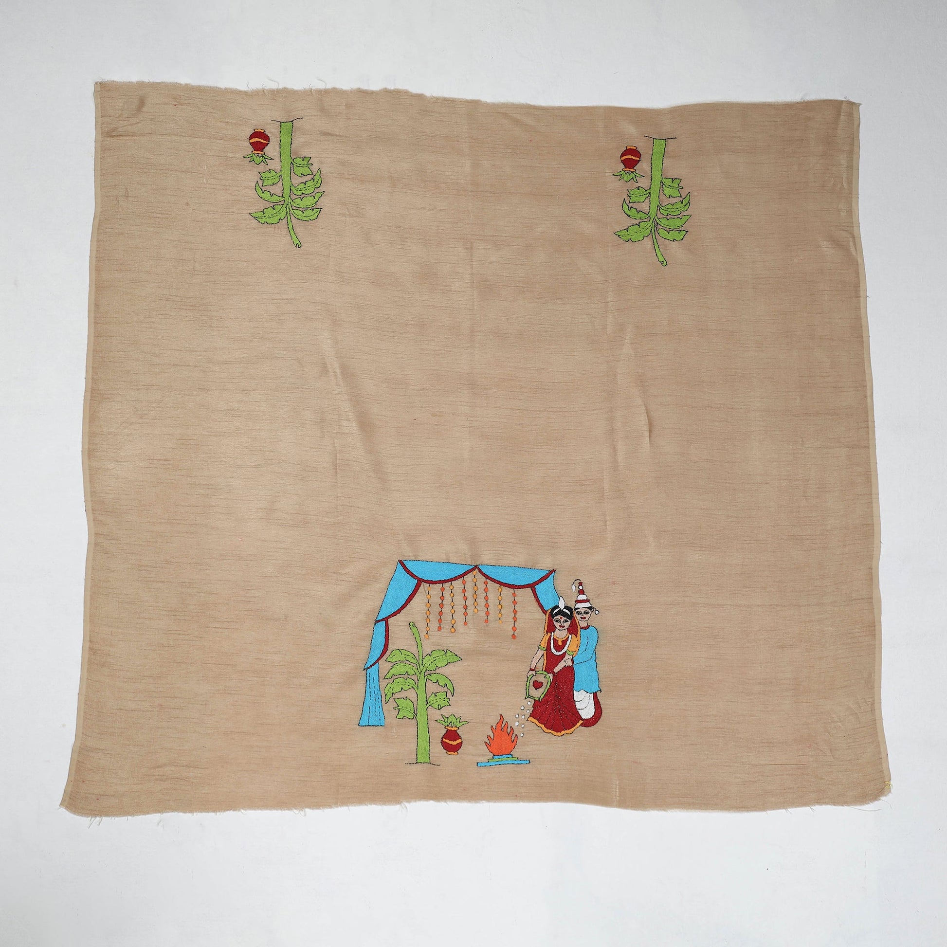 Beige - Bengal Kantha Embroidery Raw Silk Blouse Piece