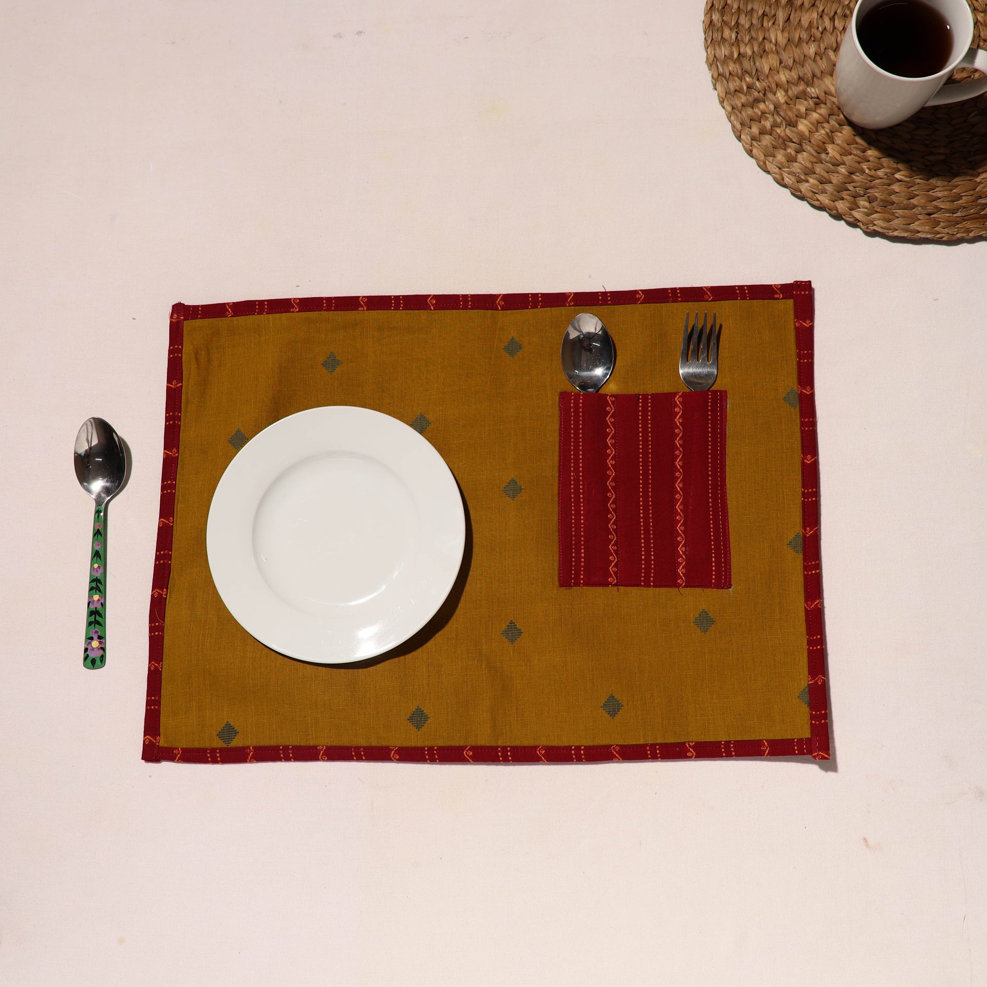 Brown - Handcrafted Jacquard Table Mat With Pocket 03